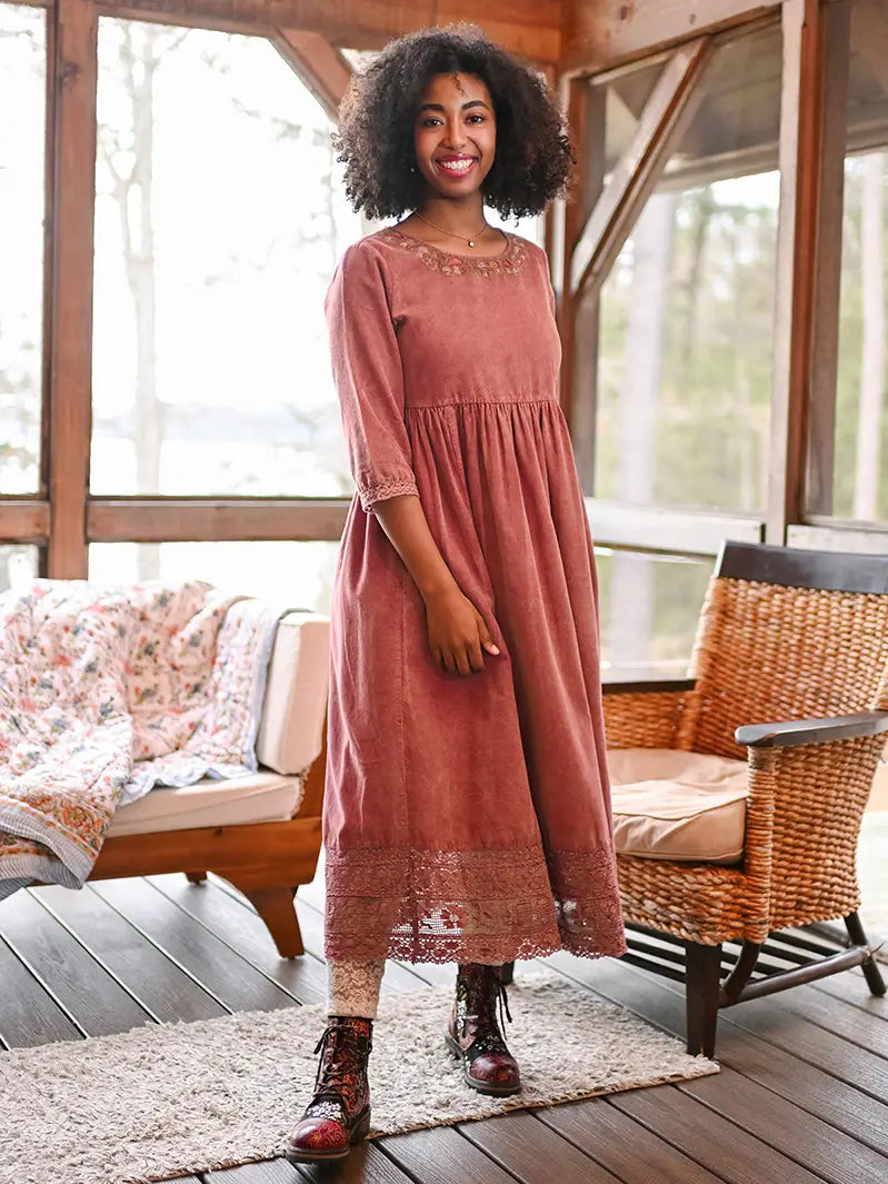 April Cornell - Happy Corduroy Mushroom Dress - Sunwashed Maron