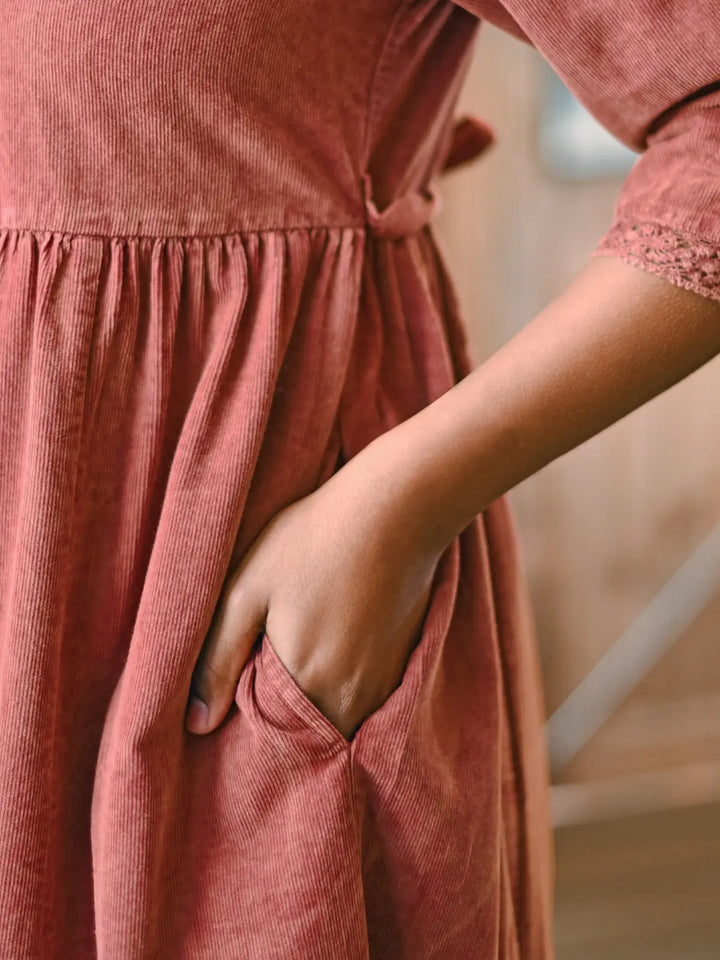 April Cornell - Happy Corduroy Mushroom Dress - Sunwashed Maron